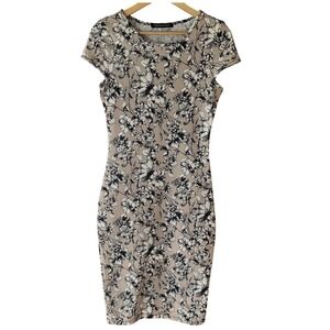 Foreign‎ Exchange Womens Floral Sheath Dress Beige Black Cap Sleeve Bodycon L